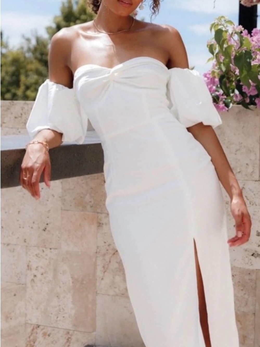 Petal & Pup Dahlia White Strapless Midi Dress with Puff Sleeves and Front Slit